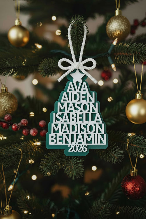 A personalized Christmas tree ornament in dark green and white, featuring the names 'AVA', 'AIDEN', 'MASON', 'ISABELLA', 'MADISON', 'BENJAMIN', and '2026' cut out of the tree shape with a star on top. Cord hanger may vary.